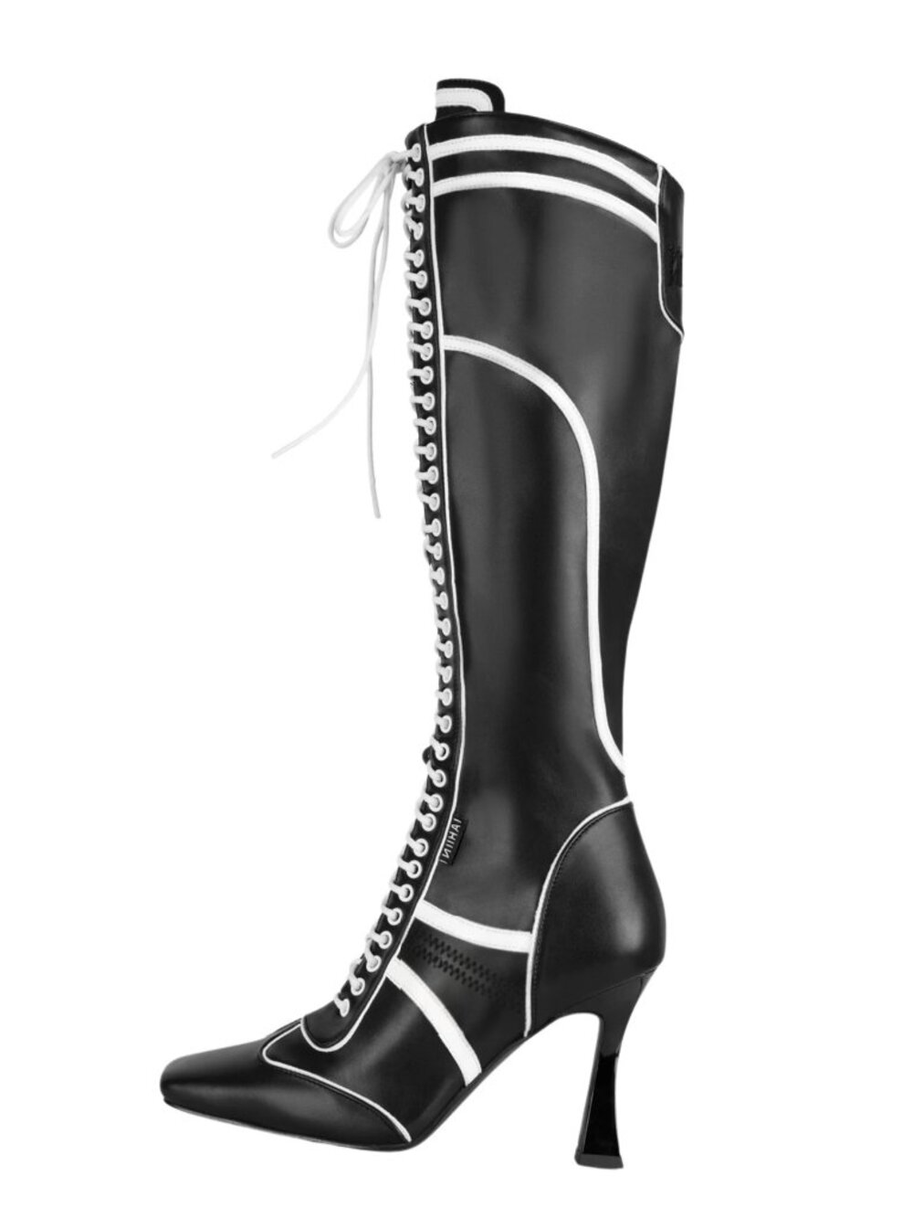 NIIHAI Boxer Boots in Black white knee high heeled lace up leather dominatrix